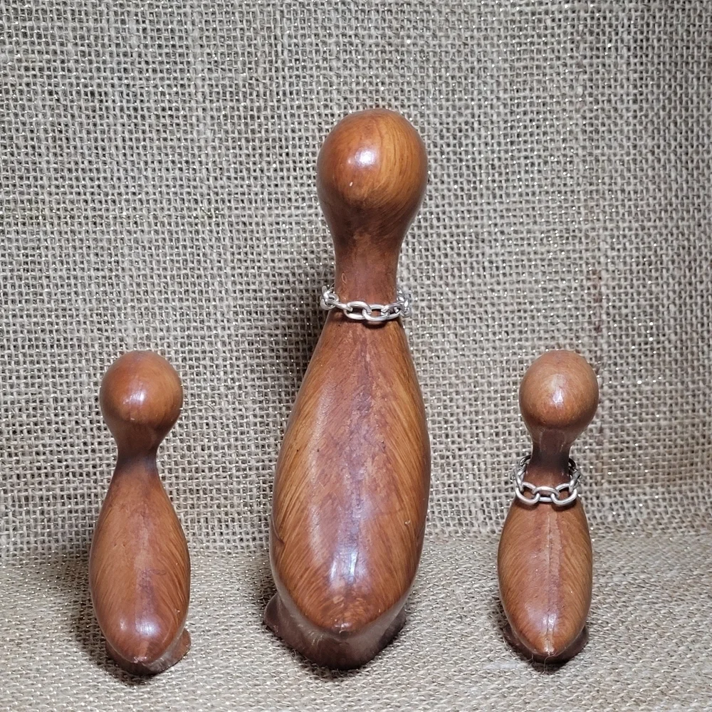 Vintage MCM Faux Bois Rhinestone Eyes Duck Set Of 3 Chain Collar Wood Look Retro